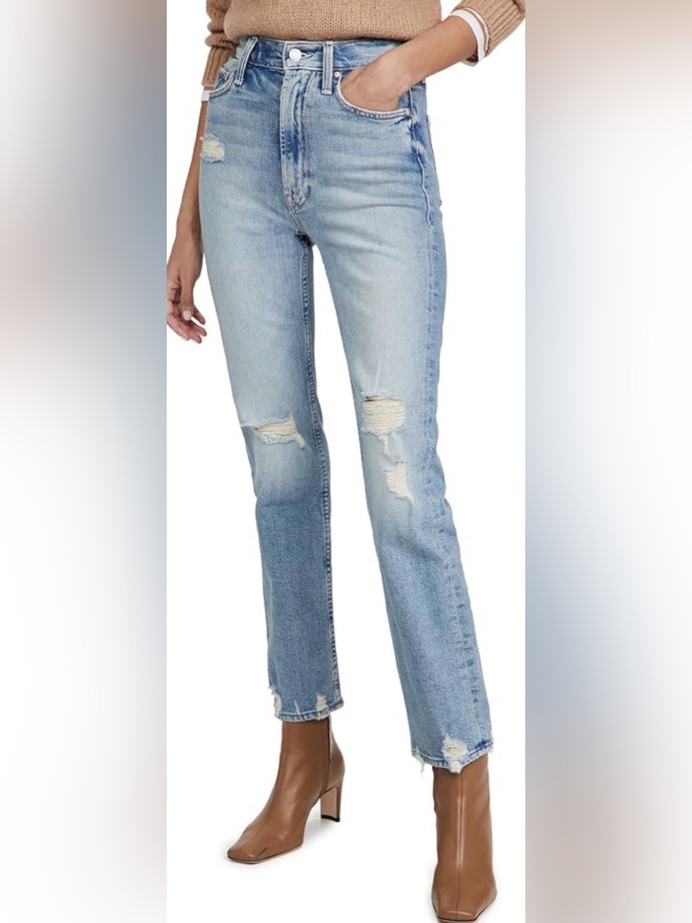 MOTHER Light Blue Distressed Straight-Leg Jeans